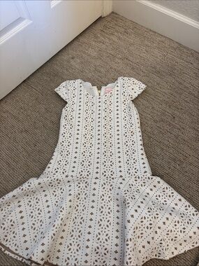 Zoe Ltd White Eyelet Fit-and-Flare Dress with Tan Underlay